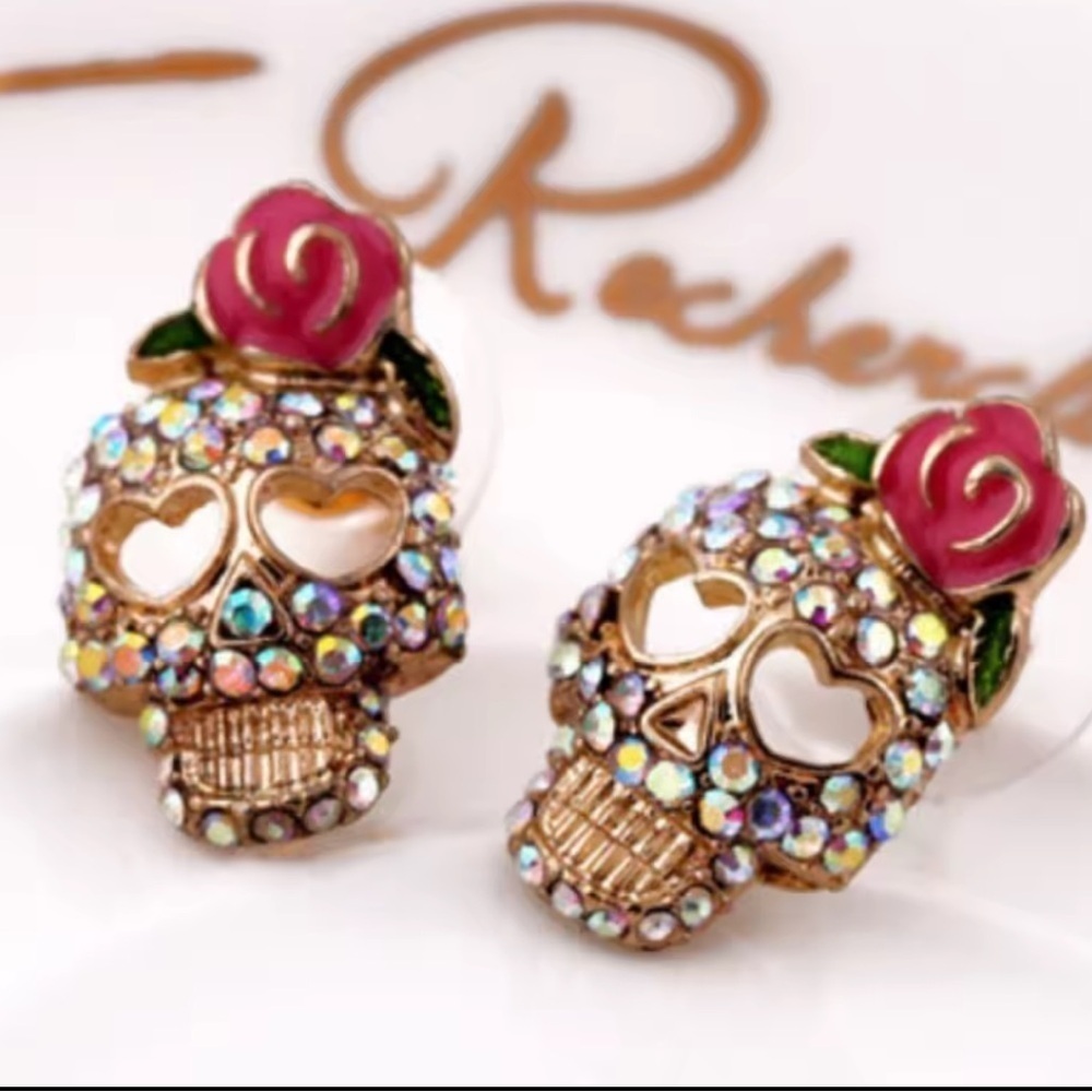 Halloween Skeleton Gold Crystal Earrings - Picture 5 of 13